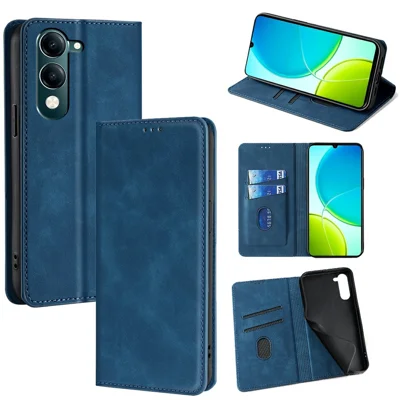 For vivo Y29s 5G  /  Y04 4G Case Card Holder PU Leather Magnetic Closing Phone Cover - Blue