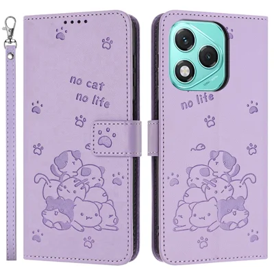 Wallet Case for Honor 400 Lite 5G Cats Imprint Leather Phone Cover with Strap - Purple