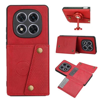 For Xiaomi Redmi Note 14 Pro 4G Case with Card Slots Kickstand Leather + TPU Phone Cover - Red