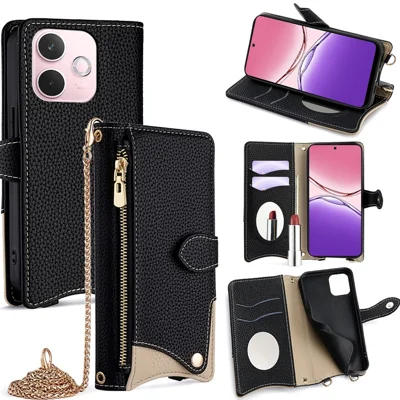 For Oppo A5 Pro 4G (Global) / 5G (Global) / A5 Energy 5G (China) Wallet Case Fishtail Design Leather Phone Cover with Mirror / Strap - Black