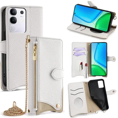 For vivo Y29 4G Wallet Case Fishtail Design Leather Phone Cover with Mirror  /  Stand  /  Strap - White