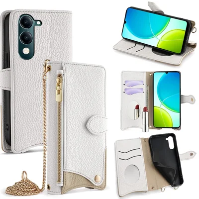For vivo Y29s 5G  /  Y04 4G Wallet Case Fishtail Design Leather Phone Cover with Mirror  /  Stand  /  Strap - White