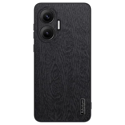 For Xiaomi Poco F7 5G / Redmi Turbo 4 Pro 5G Case Wood Texture PU Leather Coated PC TPU Phone Cover - Black