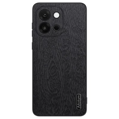 For OnePlus 13T 5G Case Wood Texture PU Leather Coated PC TPU Phone Cover - Black