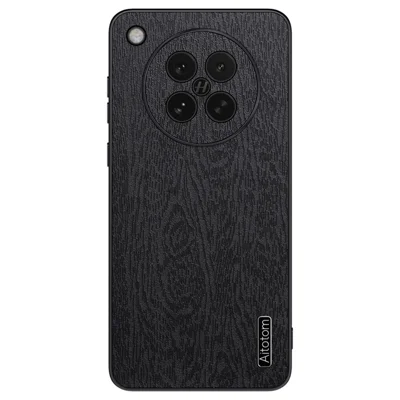 جراب لهاتف Oppo Find X8s 5G بتصميم خشبي مطلي بجلد PU مع حماية من البولي كربونات والبولي يوريثان - أسود