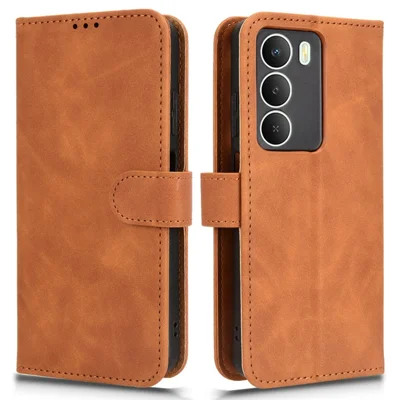 For Realme 14x 5G Leather Case Skin Feel Anti Drop Wallet Flip Phone Cover - Brown