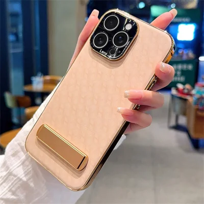 For iPhone 15 Pro Max Case PU Leather + PC Electroplated Phone Cover with Kickstand