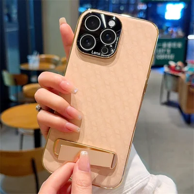 For iPhone 16 Pro Max Case PU Leather + PC Electroplated Phone Cover with Kickstand