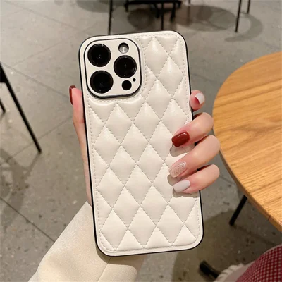 For iPhone 15 Pro Case Rhombus Stitching PU Leather + TPU Shockproof Phone Cover - White