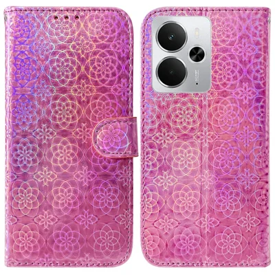 For Realme 14 5G Stand Case Dazzling Flower Leather Phone Cover - Pink