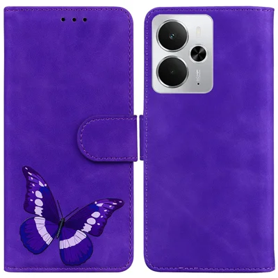 For Realme 14 5G Stand Case PU Leather Phone Cover Butterfly Printed - Purple