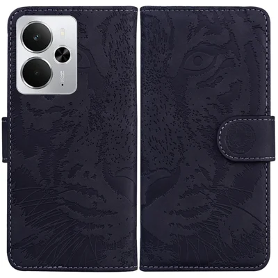 For Realme 14 5G Case Tiger Imprint Leather Wallet Phone Cover - Black