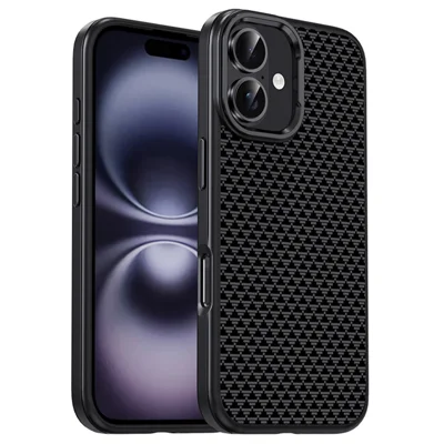IPAKY For iPhone 16 Case Carbon Fiber Texture PC + TPU Shockproof Phone Back Cover - Titanium Black