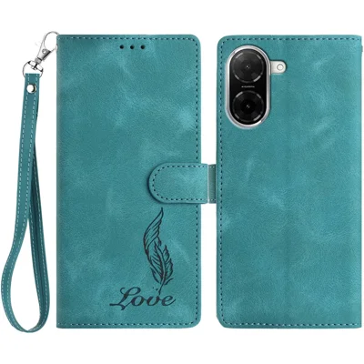 For Xiaomi Redmi A5 NFC (EU) (173.45mm) Case Imprinted Feather PU Leather Wallet Phone Cover with Wrist Strap - Green
