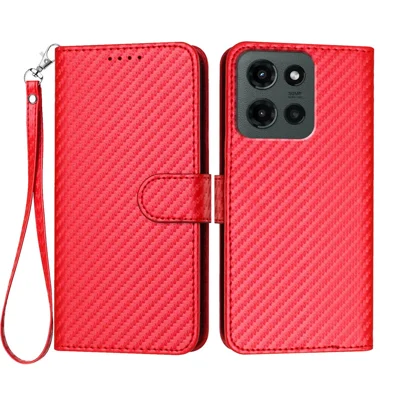For Motorola Moto G Stylus 5G (2025) Wallet Case with Strap Carbon Fiber Texture Leather Mobile Cover - Red