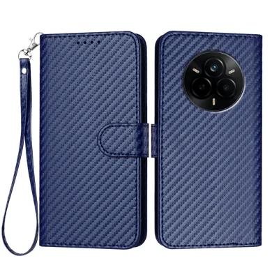 For Realme 14 Pro 5G Wallet Case with Strap Carbon Fiber Texture Leather Mobile Cover - Royal Blue