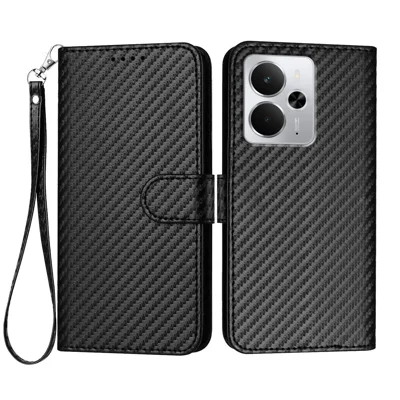 For Realme P3 5G / Realme Neo7x 5G / Realme 14 5G Wallet Case with Strap Carbon Fiber Texture Leather Mobile Cover - Black