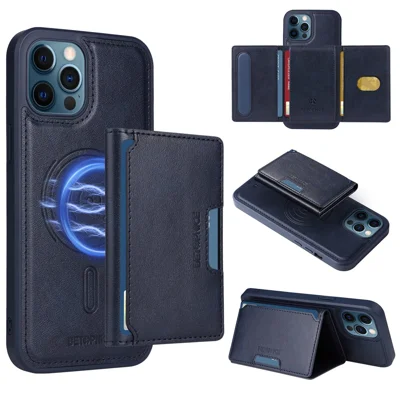BETOPNICE For iPhone 12 Pro Max 6.7 inch Magnetic Case  Leather Phone Cover Kickstand with Detachable Card Bag - Blue
