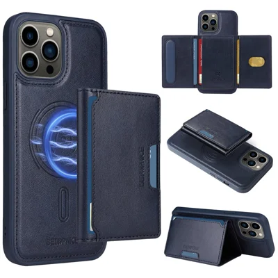 BETOPNICE For iPhone 13 Pro Max 6.7 inch Magnetic Case  Leather Phone Cover Kickstand with Detachable Card Bag - Blue