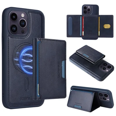BETOPNICE For iPhone 14 Pro Max Magnetic Case  Leather Phone Cover Kickstand with Detachable Card Bag - Blue