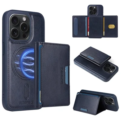 BETOPNICE For iPhone 15 Pro Magnetic Case  Leather Phone Cover Kickstand with Detachable Card Bag - Blue