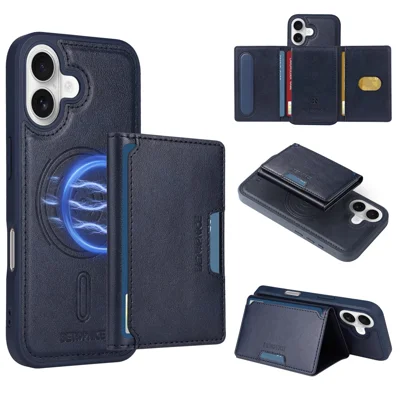 BETOPNICE For iPhone 16 Magnetic Case  Leather Phone Cover Kickstand with Detachable Card Bag - Blue