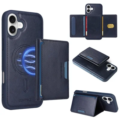 BETOPNICE For iPhone 16 Plus Magnetic Case  Leather Phone Cover Kickstand with Detachable Card Bag - Blue