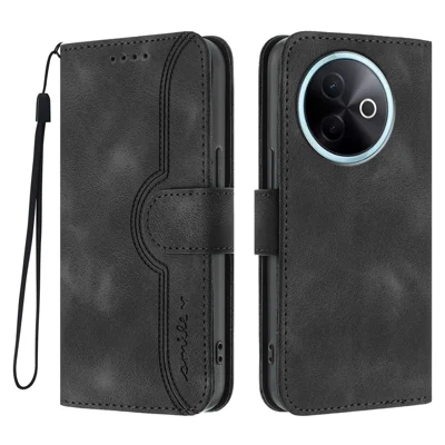 For vivo Y300i 5G / vivo Y39 5G Leather Case Wallet Stand Smile Imprinted Phone Cover with Strap - Black