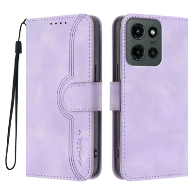For Motorola Moto G Stylus 5G (2025) Leather Case Wallet Stand Smile Imprinted Phone Cover with Strap - Purple