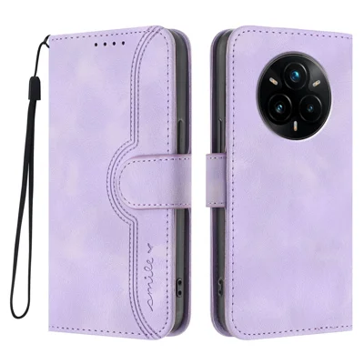 For Realme 14 Pro+ 5G Leather Case Wallet Stand Smile Imprinted Phone Cover with Strap - Purple