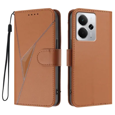 For Realme Neo7x 5G / Realme P3 5G / Realme 14 5G Case Triangle Imprint Leather Phone Cover with Lanyard - Coffee