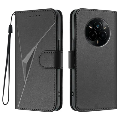 Zwart hoesje voor Realme 14 Pro 5G met driehoekmotief en leren telefoonhoes met lanyard