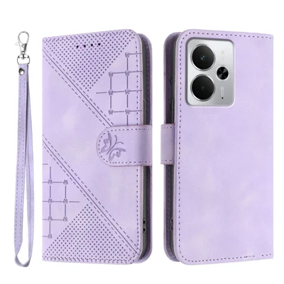 For Realme P3 5G / Realme Neo7x 5G / Realme 14 5G Leather Wallet Case Butterfly Flower Imprinted Phone Cover with Strap - Purple