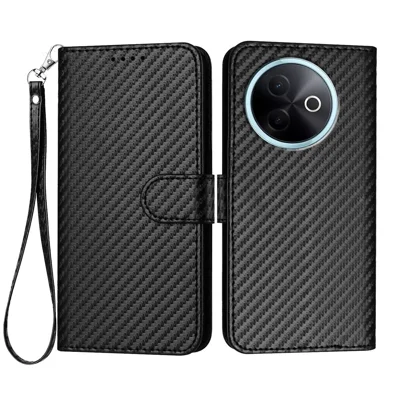 For vivo Y300i 5G / vivo Y39 5G Wallet Case with Strap Carbon Fiber Texture Leather Mobile Cover - Black