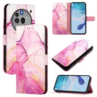 For Nothing Phone (3a) Pro Case with Strap Marble Pattern Leather Phone Cover Card Holder - Pink / Purple / Gold LS001