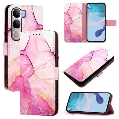 For vivo V40 Lite 5G / vivo Y300 5G Case with Strap Marble Pattern Leather Phone Cover Card Holder - Pink / Purple / Gold LS001
