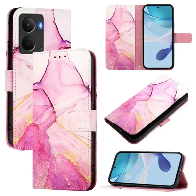 For Realme P3 5G Case with Strap Marble Pattern Leather Phone Cover Card Holder - Pink / Purple / Gold LS001