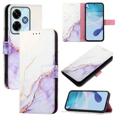 For Xiaomi Redmi Note 13R 5G / Xiaomi Redmi 13x 4G Case with Strap Marble Pattern Leather Phone Cover Card Holder - White / Purple LS006