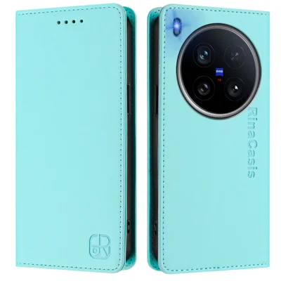 For vivo X200 Ultra 5G Leather Case RINACASIS RC01 Phone Cover with RFID Blocking Wallet Stand - Mint Green