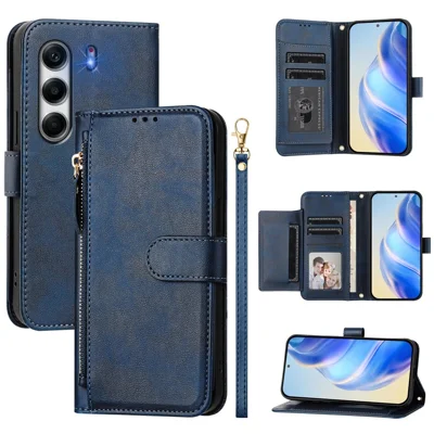 For TECNO Camon 40 Pro 4G Case Zipper Pocket Multiple Card Slots Leather Phone Cover - Blue