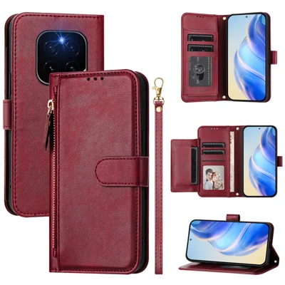 For Honor GT Pro Case Zipper Pocket Multiple Card Slots Leather Phone Cover - Red