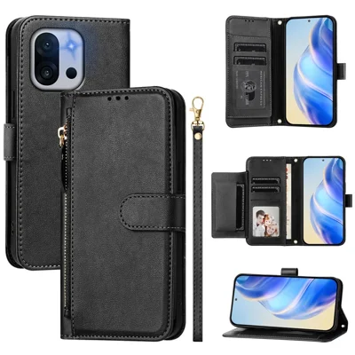 For OnePlus 13T 5G Case Zipper Pocket Multiple Card Slots Leather Phone Cover - Black