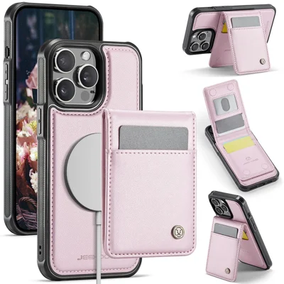 JEEHOOD For iPhone 13 Pro Max 6.7 inch Leather Back Cover Compatible with MagSafe  J06 Phone Case with Card Bag RFID Blocking - Pink