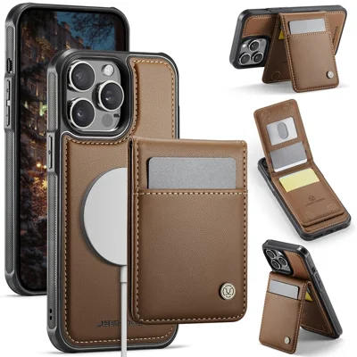 JEEHOOD For iPhone 13 Pro 6.1 inch Leather Back Cover Compatible with MagSafe  J06 Phone Case with Card Bag RFID Blocking - Brown