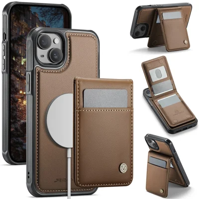 JEEHOOD For iPhone 13 6.1 inch Leather Back Cover Compatible with MagSafe  J06 Phone Case with Card Bag RFID Blocking - Brown