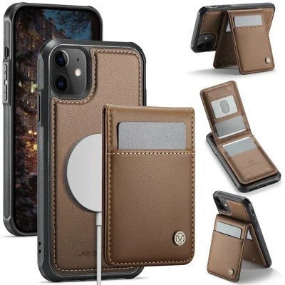 JEEHOOD For iPhone 12 Pro 6.1 inch / iPhone 12 6.1 inch Leather Back Cover Compatible with MagSafe  J06 Phone Case with Card Bag RFID Blocking - Brown