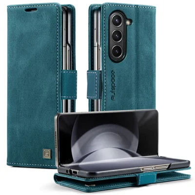 AUTSPACE For Samsung Galaxy Z Fold6 5G Wallet Case  A01 Leather Stand Cover with RFID Blocking Card Holder - Blue