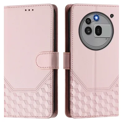 For Nothing Phone (3a) Pro Case Imprinted Honeycomb RFID Blocking Leather Phone Cover with Strap - Pink