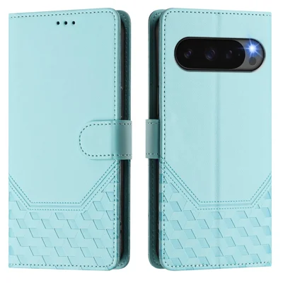For Google Pixel 10 Pro / 10 / 9 Pro / 9 Case Imprinted Honeycomb RFID Blocking Leather Phone Cover with Strap - Mint Green