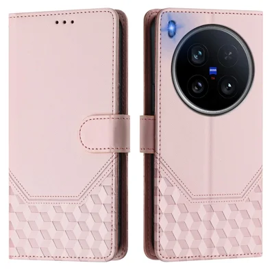 For vivo X200 Ultra 5G Case Imprinted Honeycomb RFID Blocking Leather Phone Cover with Strap - Pink